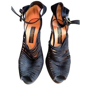 Vintage Ombeline Paris Suede Strappy Peep Toe Stiletto Heels Black  Sz 38 US 8